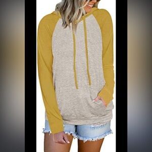 ADREAMLY Womens Color Block Hoodie- Mustard Yellow & Beige Cream
